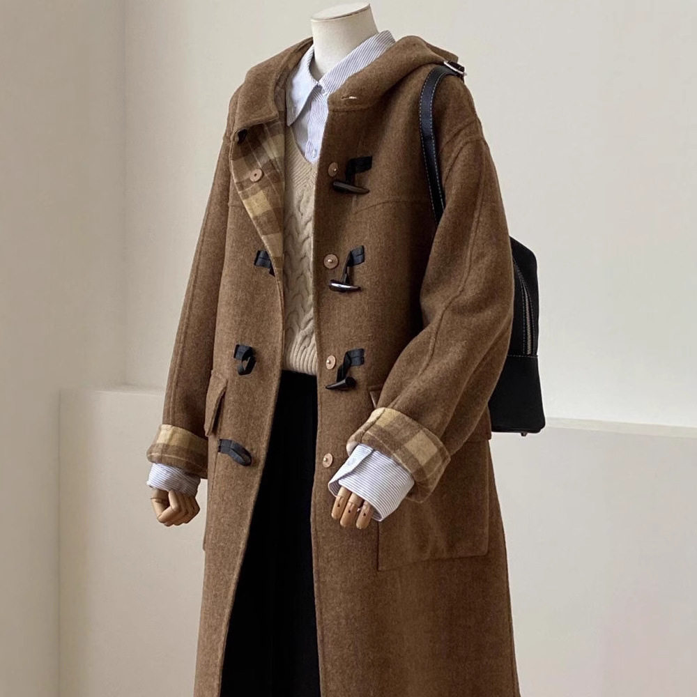 2026新款正反两穿复古格纹牛角扣双面羊毛大衣直筒大衣外套女风衣,淘宝优惠券,粉丝福利购,淘宝优惠卷