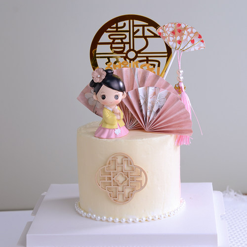 新中式国潮纸折扇蛋糕装饰木质屏风流苏古风甜品台装扮插件扇子 - 图3