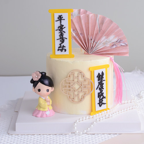 新中式国潮纸折扇蛋糕装饰木质屏风流苏古风甜品台装扮插件扇子 - 图2