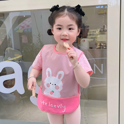 宝宝无袖吃饭罩衣夏季薄款儿童防水围裙幼儿园反穿衣婴儿围兜饭兜 - 图0