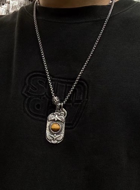 复古虎眼石项链毛衣链钛钢男
