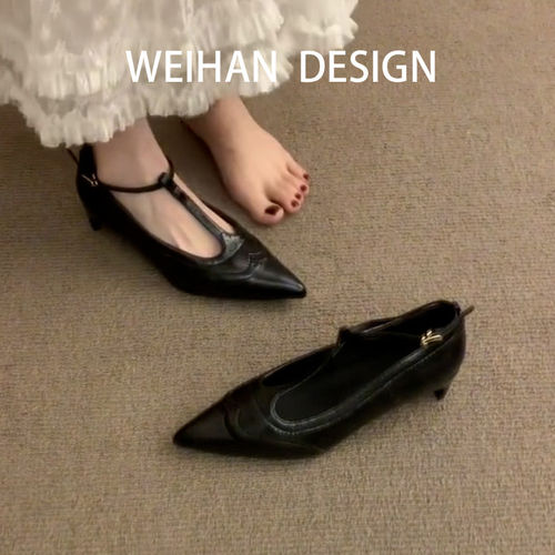 羊皮版！复古气质尖头浅口小猫跟高跟鞋女T字带设计感镂空凉鞋 - 图1