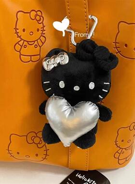 日本纯黑抱爱心hellokitty挂件黑皮哈喽kt公仔钥匙扣挂饰