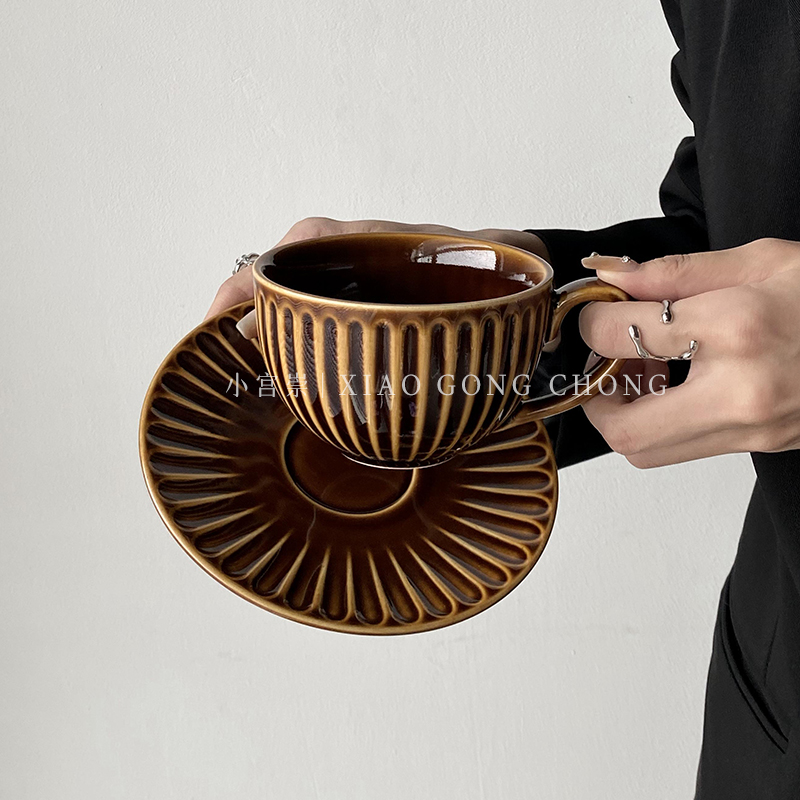 欧式复古咖啡杯碟套装家用下午茶陶瓷杯马克杯高颜值带把拉花杯子