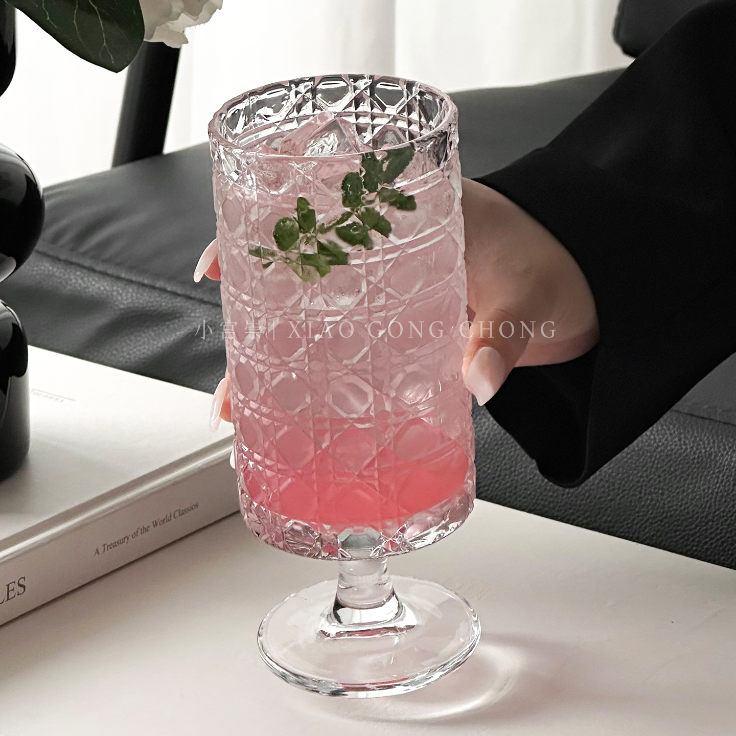 复古宝石纹高脚果汁杯家用高颜值玻璃杯冰美式咖啡杯饮料杯酒杯 - 图1