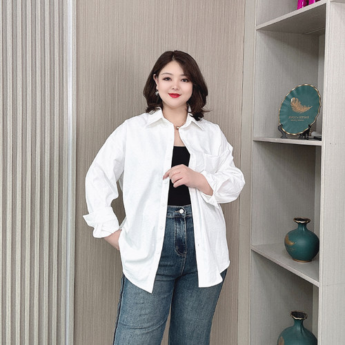 大码女装春秋新款长袖衬衫女胖mm宽松显瘦休闲遮肉中长款开衫上衣 - 图1