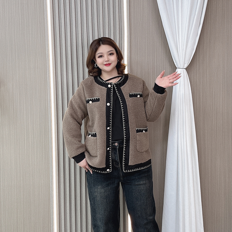 大码上衣女秋冬季新款胖mm宽松显瘦爆款小香风皮毛一体羊羔毛外套 - 图0