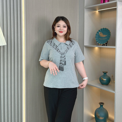 大码polo领短袖t恤女2026夏季胖mm时尚围巾印花气质百搭显瘦上衣 - 图0