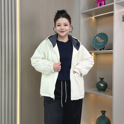 大码胖mm撞色连帽棉服外套女200斤秋冬新款薄款夹棉宽松棉衣上衣 - 图1