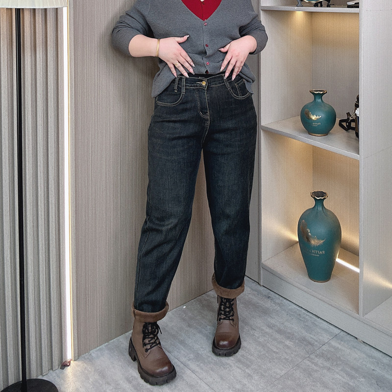 加绒高腰牛仔裤女2025秋冬新款大码女装胖mm宽松显瘦休闲哈伦裤子,淘宝优惠券,粉丝福利购,淘宝优惠卷