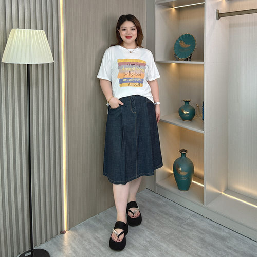 大码高腰牛仔半身裙女休闲裙子胖mm中长款a字高级感夏装显瘦长裙 - 图1