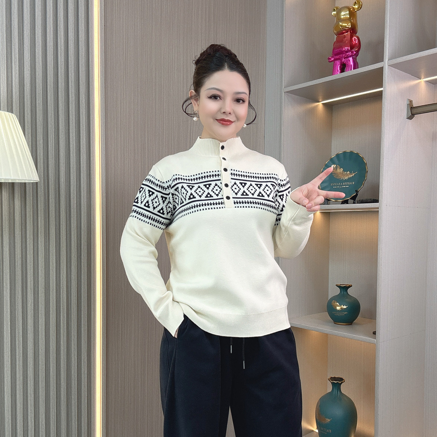 大码女装秋冬费尔岛提花设计感亲肤保暖半高领套头内搭毛衣针织衫,淘宝优惠券,粉丝福利购,淘宝优惠卷