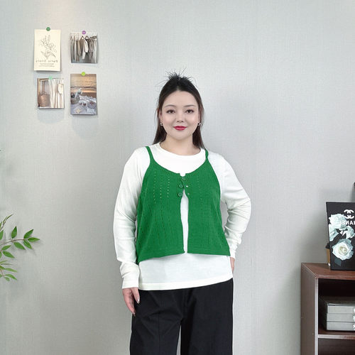 镂空针织吊带背心女大码叠穿显瘦百搭慵懒风两件套长袖针织衫上衣 - 图0