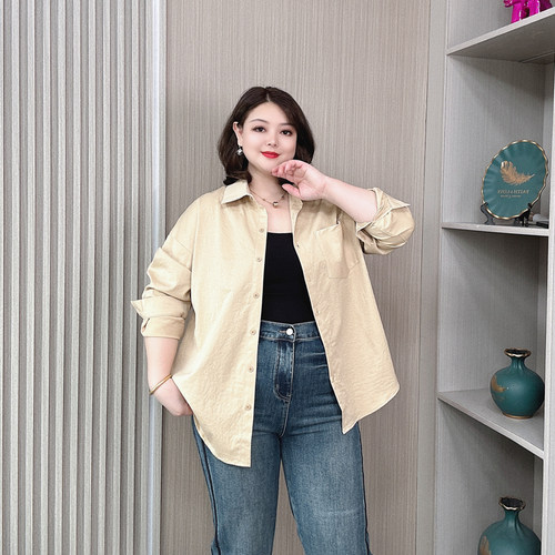 大码女装春秋新款长袖衬衫女胖mm宽松显瘦休闲遮肉中长款开衫上衣 - 图0