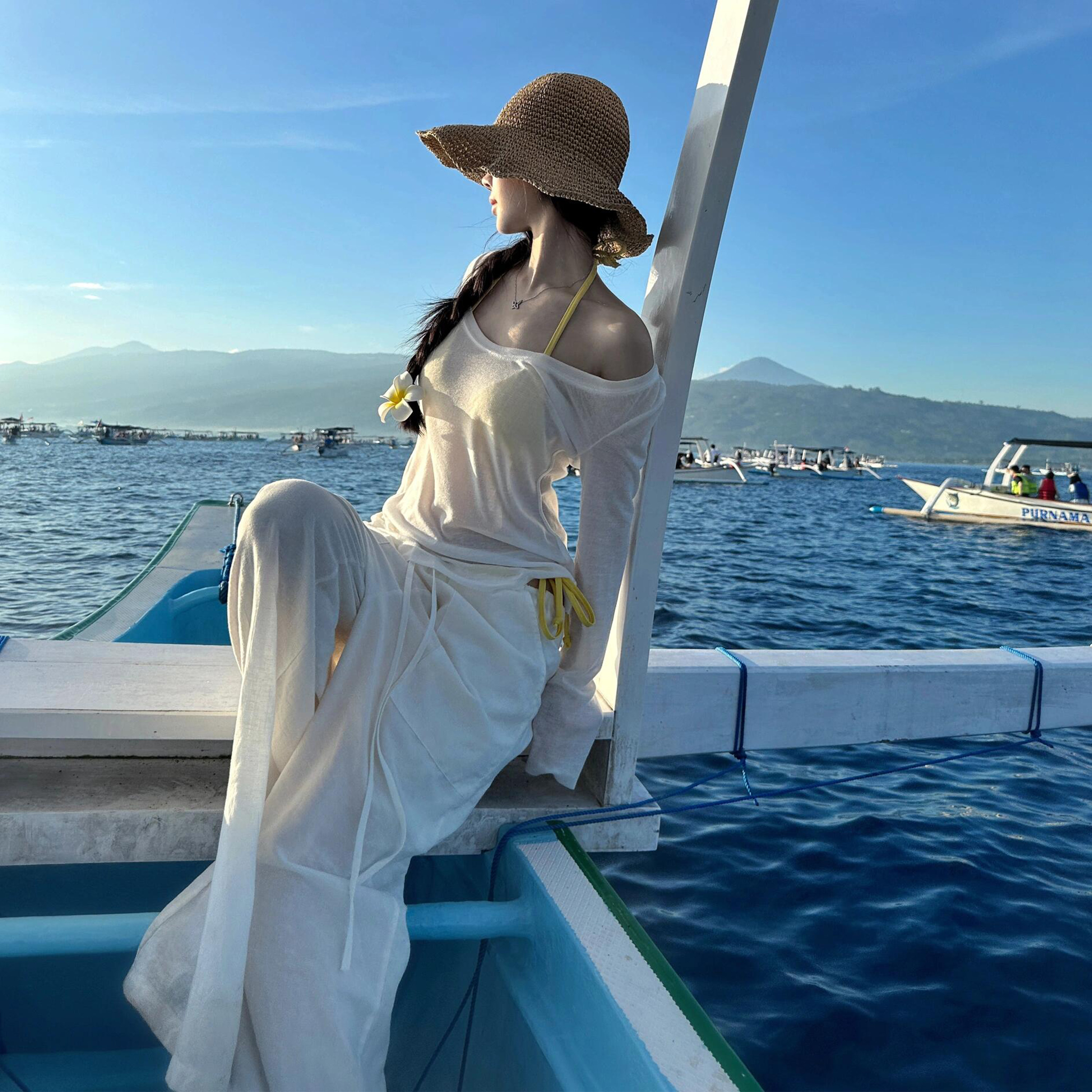 新款泳装白色长袖防晒罩衫黄色比基尼休闲宽松长裤套装度假泳衣女,淘宝优惠券,粉丝福利购,淘宝优惠卷