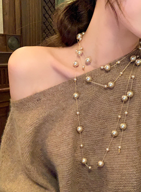 法式多层叠戴山茶花珍珠项链女高级感秋冬长款夸张毛衣链颈链配饰