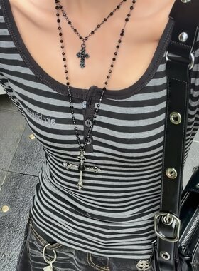 时尚辣妹十字叠戴项链小众设计感吊坠少女个性颈链配饰卫衣毛衣链