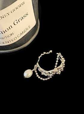 不规则珍珠链条流苏戒指金属气质