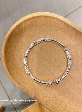 镀银对珠繁花似锦银手镯女实心开口镯子古风小众设计饰品礼物