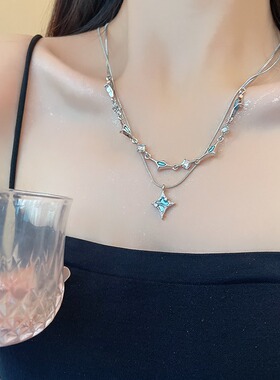 蓝色星光四芒星镶钻吊坠双层叠戴项链女款夏季潮酷辣妹配饰锁骨链
