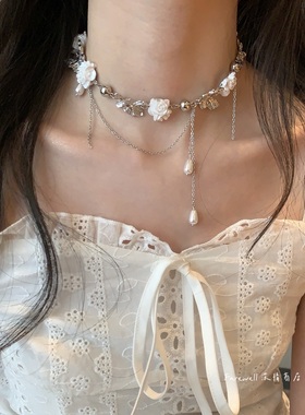 法式白色花朵蝴蝶流苏项链