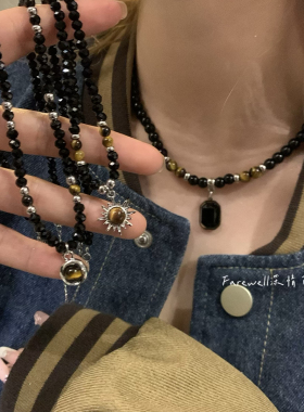 店主推荐！黑珠串珠项链女颈链时尚新中式复古虎石暗黑风新款配饰