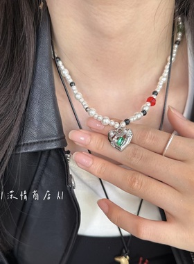 复古甜酷撞色珍珠项链