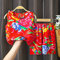 Childrens silk silk harnesses vest suit Summer boy female baby Northeast big flower shorts Broken Flower Air Conditioning Home
