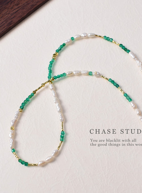 天然绿玛瑙+淡水珍珠小众锁骨链