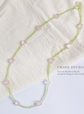 天然果冻粉水晶+橄榄石项链