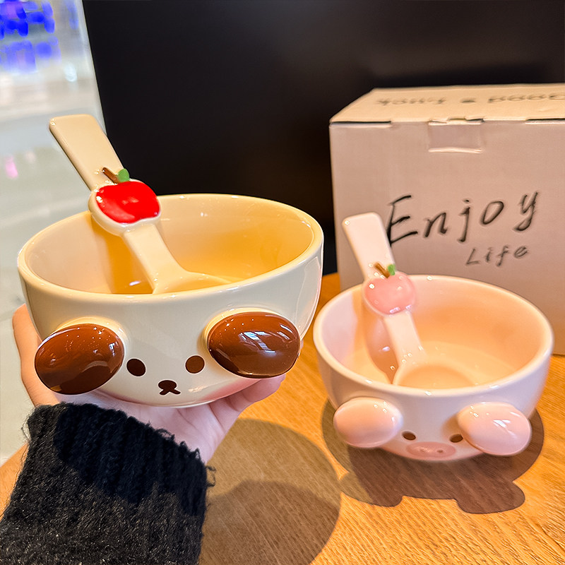 可爱猪猪陶瓷碗带勺送礼餐具家用情侣吃饭碗卡通高颜值女生米饭碗
