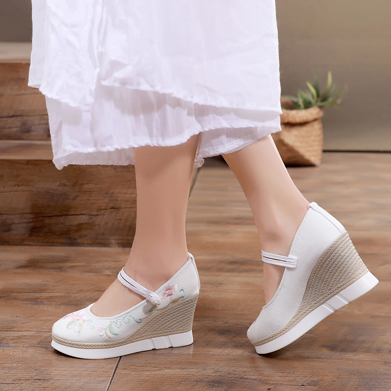 白色绣花鞋女夏季百搭时尚民族风女鞋古风鞋超高跟汉服鞋增高布鞋,淘宝优惠券,粉丝福利购,淘宝优惠卷