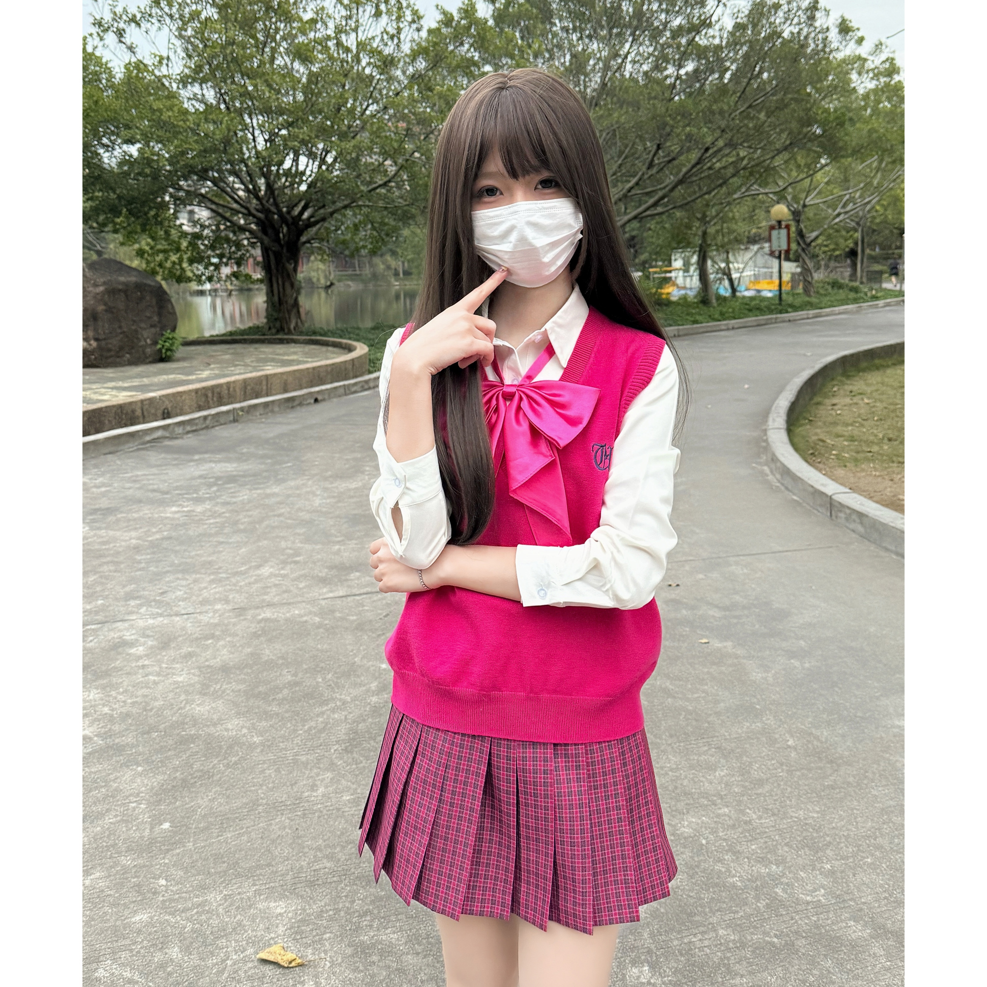 妙氏原创JK制服背心马甲格裙套装甜美收腰老头衫针织无袖毛衣秋 - 图1