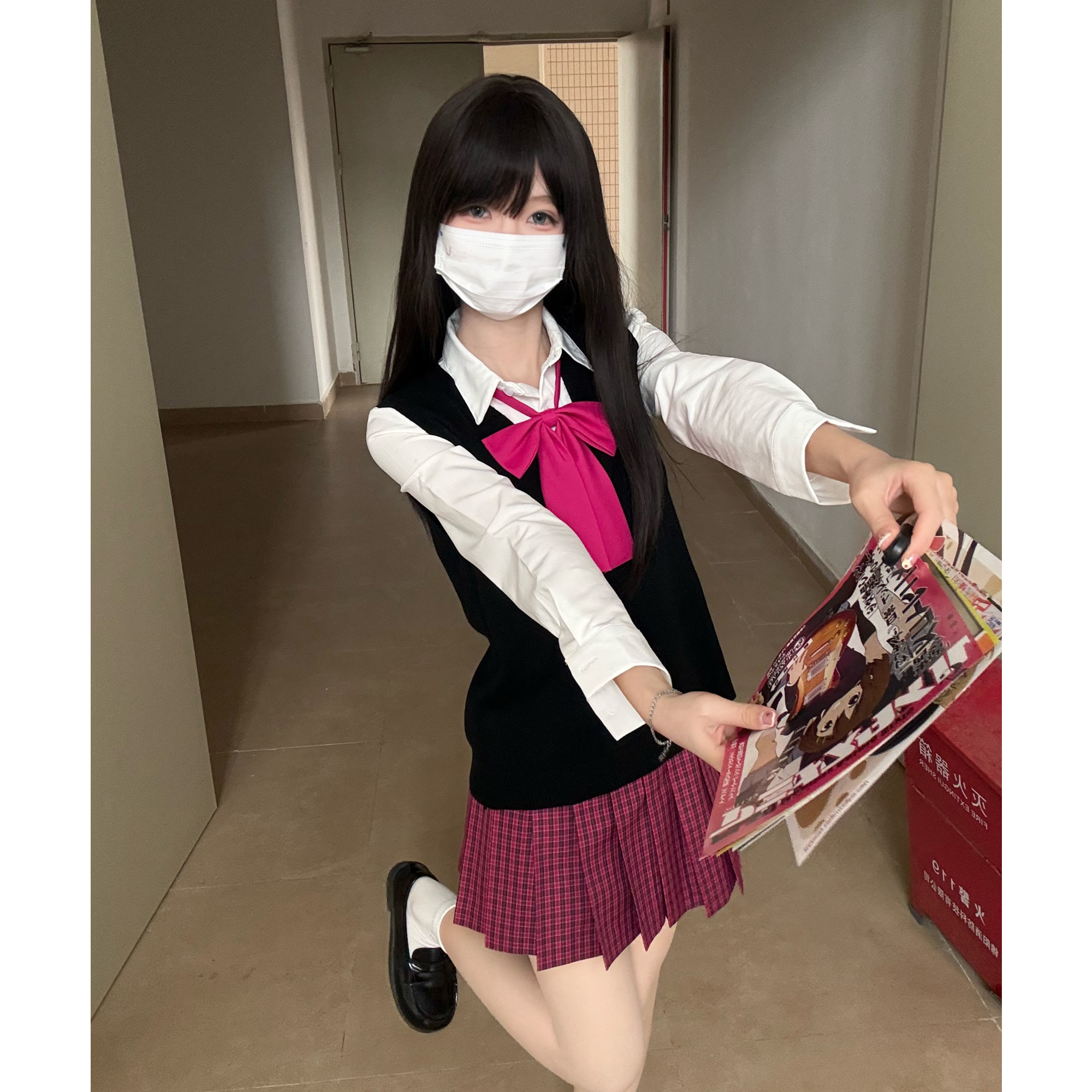 妙氏原创JK制服背心马甲格裙套装甜美收腰老头衫针织无袖毛衣秋 - 图3