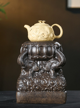 宜兴新品紫砂古铜泥仿古石墩纯手工雕刻祥云大象如意墩茶席摆件