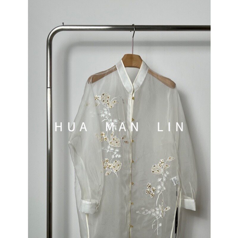 【花滿林】小立领重工刺绣钉珠欧根纱真丝桑蚕丝上衣衬衫7657