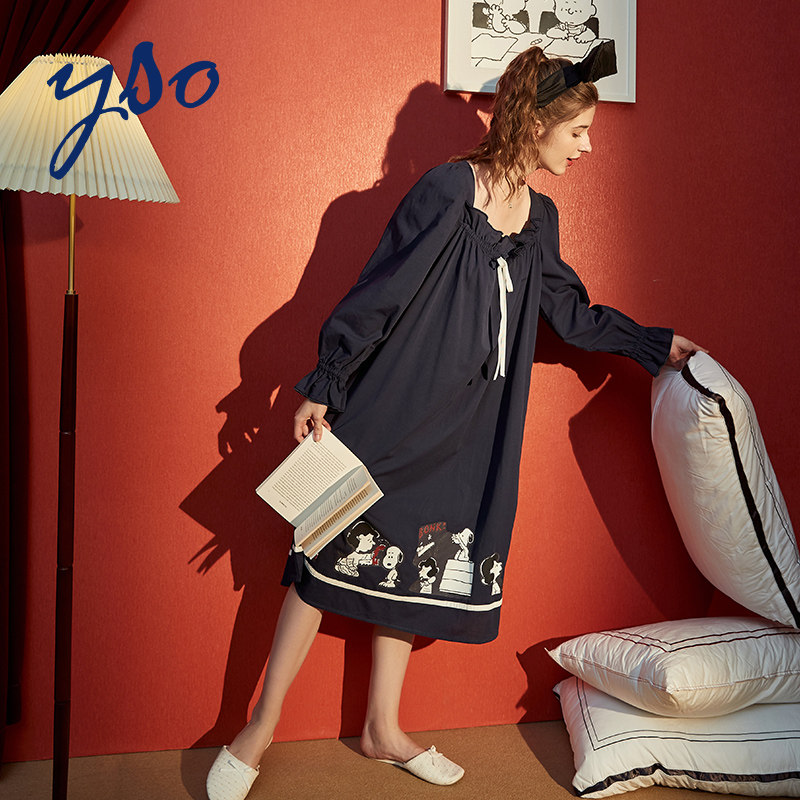 yso史努比春秋纯棉长袖荷叶边睡衣 yso睡裙