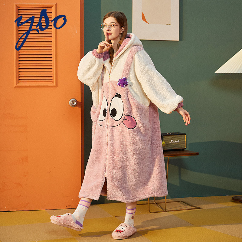 海绵宝宝秋冬季珊瑚绒冬长款睡袍 yso睡袍/浴袍