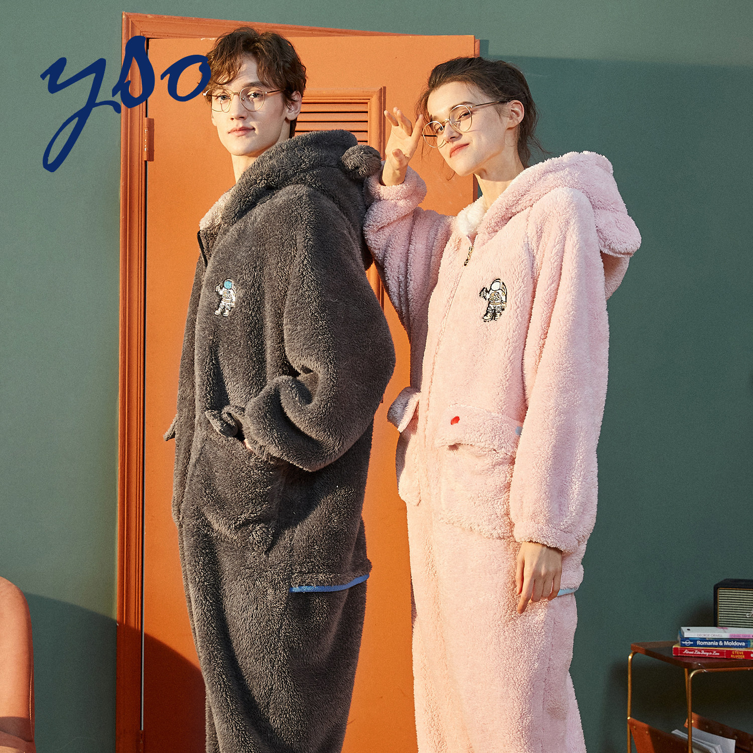 宇航员连体冬情侣冬季珊瑚绒男睡衣 yso睡衣/家居服套装