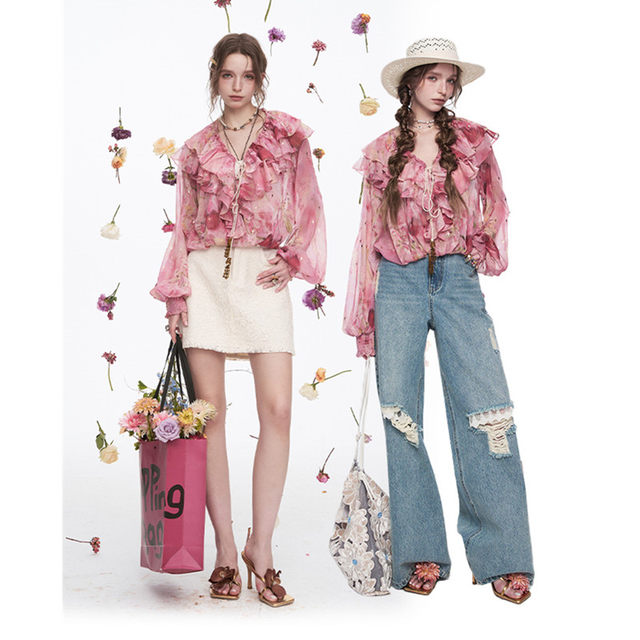 Fairy's original French ruffled printed chiffon shirt for women 2025 spring new design and temperament top