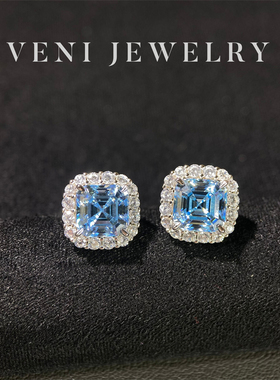 Veni珠宝 圣玛利亚 培育海蓝宝耳钉微镶满钻耳饰耳环甜美百搭E41