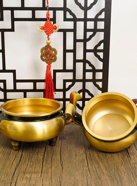 黄铜三足官帽香炉家用光面香炉工艺品供奉熏香炉摆件佛堂香炉摆件