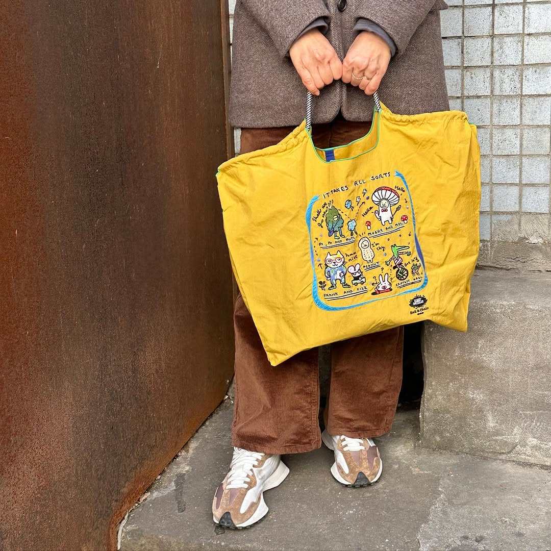 日系ball chain刺绣黄色虚拟环保购物袋斜挎帆布包2025单肩通勤包,淘宝优惠券,粉丝福利购,淘宝优惠卷