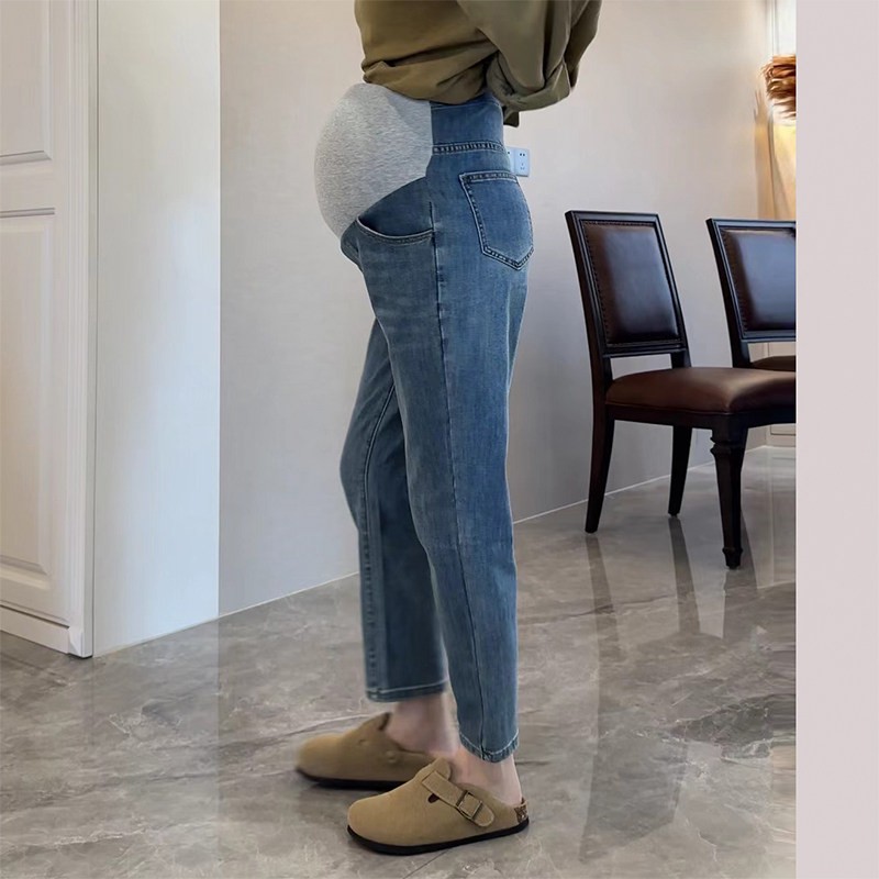 孕妇牛仔裤春秋外穿新款弹力法棍裤孕期不累肚子九分裤直筒烟管裤
