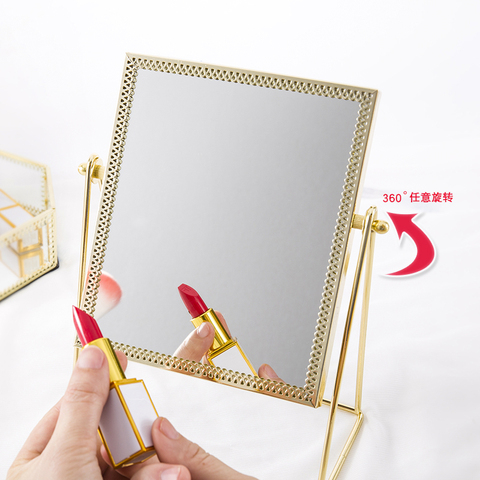 网红ins少女心化妆镜便携欧式金边小圆镜旋转台式桌面化妆品镜子
