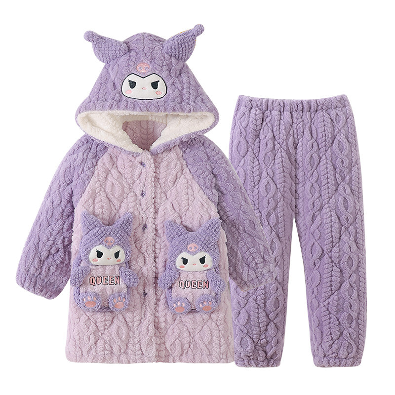 三层夹棉儿童睡衣女童保暖库洛米小女孩珊瑚法兰绒亲子家居服套装,淘宝优惠券,粉丝福利购,淘宝优惠卷