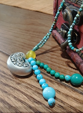 原创设计925银如意吊坠原矿绿松石项链民族风复古藏式饰品毛衣链