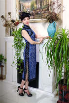 Guqiu original designer brand physical store Yiya lace series high-end customized blue lace black flower cheongsam