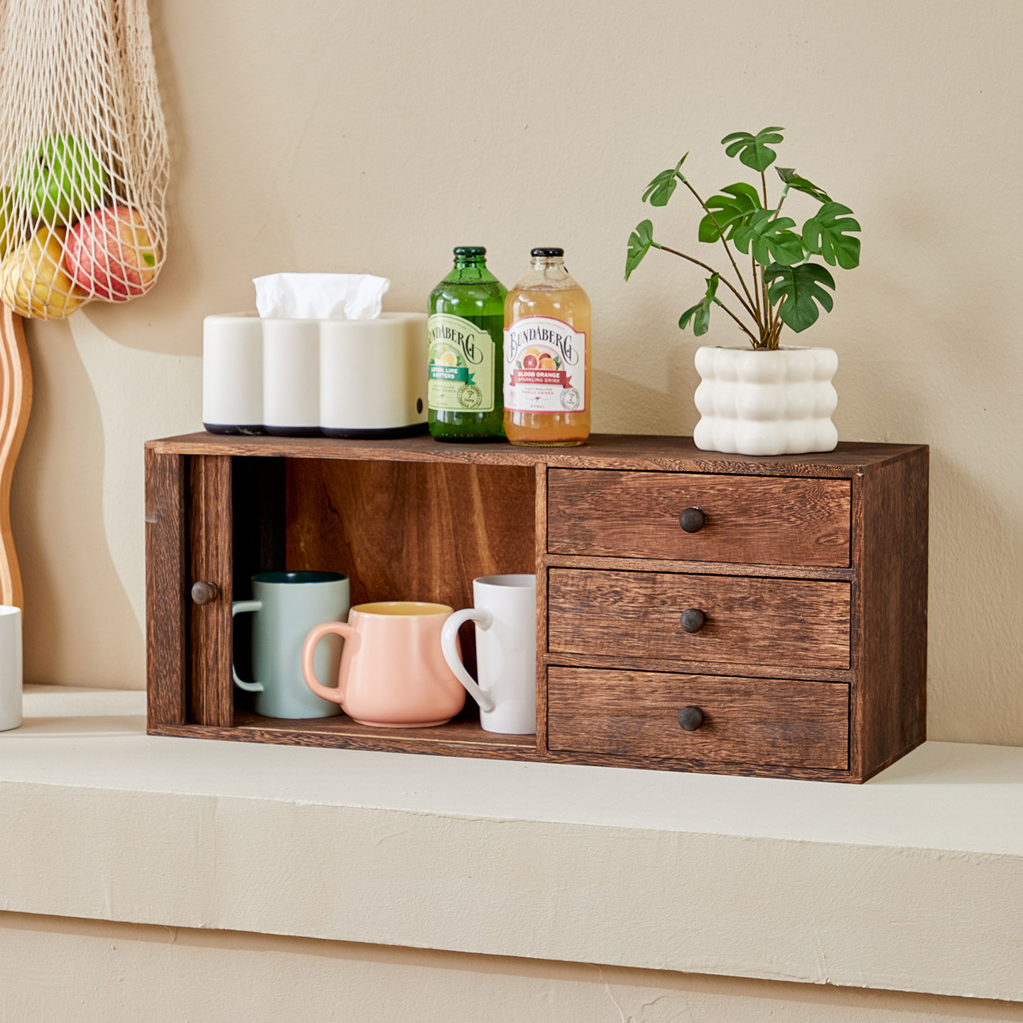 Solid wood desktop drawer storage cabinet tea set storage rack