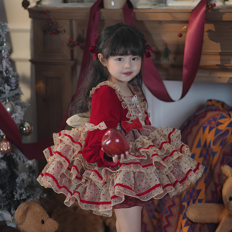 女童洛丽塔公主裙圣诞节洋装宝宝生日周岁礼服蓬蓬连衣裙红色年服 - 图2